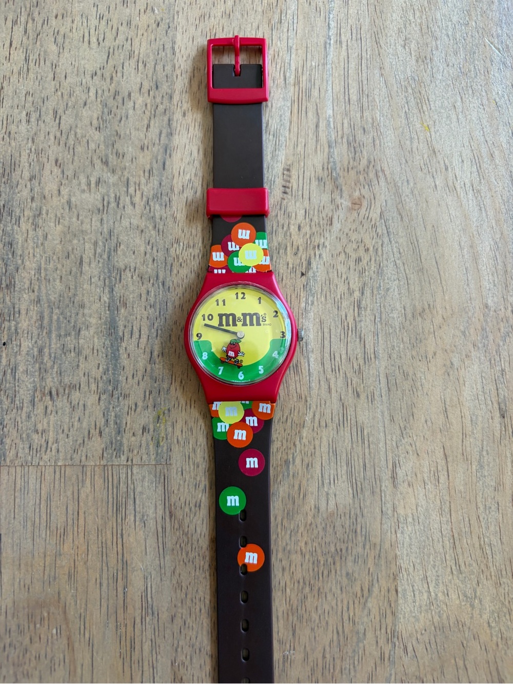 Working M&M'S Red Case Yellow Dial Brown Strap Character Watch